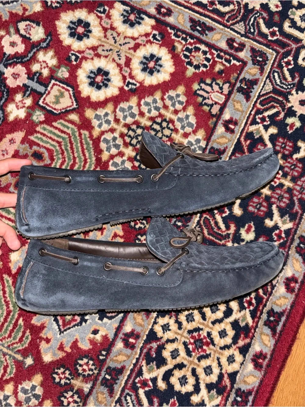 Bottega Veneta Navy Woven Suede Driving Loafers with Brown Lace Detail